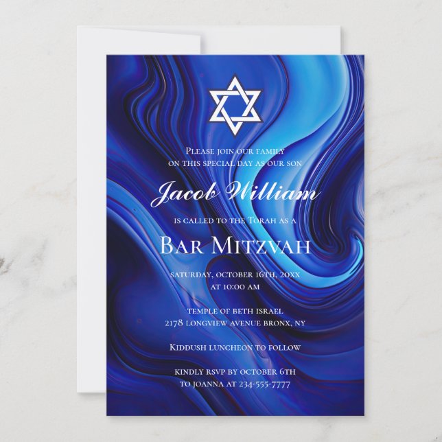 Juish Pub Mitzvah Blue Fluid Art-inbjudan Inbjudningar (Framsida)
