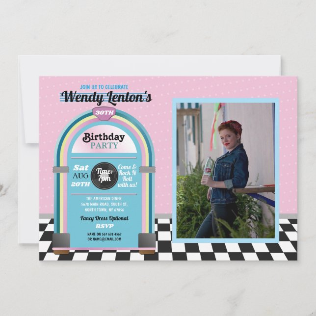 Jukebox Birthday Middag Fifties Retro Music Foto Inbjudningar (Framsida)