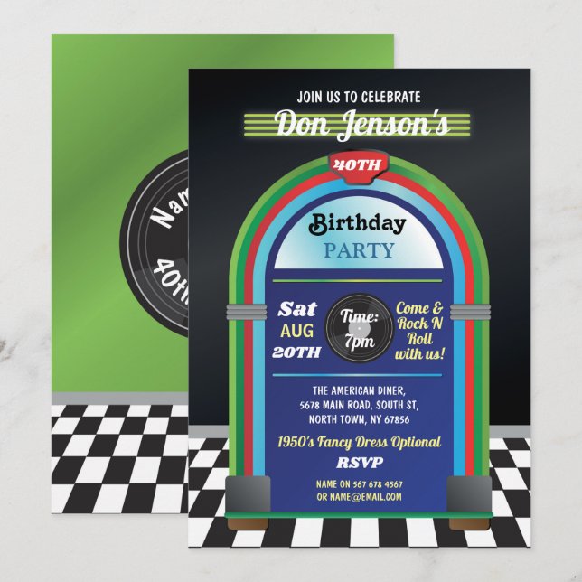 Jukebox Birthday Music 40:e Middag 50 Retro Inbjudningar (Fram/baksida)