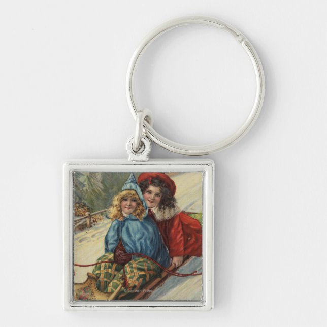 Jul2 Little Girls Sleding Fyrkantig Silverfärgad Nyckelring (Framsidan)