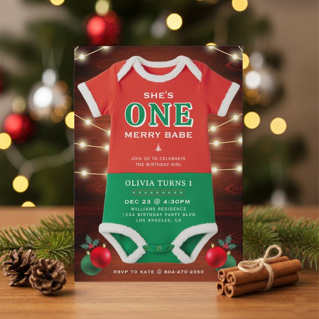 Jul 1-års födelsedagsfest Bodysuit Rustik trä Inbjudningar (Christmas 1st Birthday Party Bodysuit Rustic Wood Invitation
)
