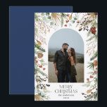 Jul 1-fotoarch vattenfärg botanisk blommigt julkort<br><div class="desc">Mery Jul,  modern elegant vattenfärgsfärgad torkad botanisk blommigt mutade färg helgdag Arch 1-fotojulkort. Blåblå bakare.</div>