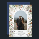 Jul 1-fotoarch vattenfärg botanisk blommigt julkort<br><div class="desc">Mery Jul,  modern elegant vattenfärgsfärgad torkad botanisk blommigt mutade färg helgdag Arch 1-fotojulkort. Blåblå bakare.</div>