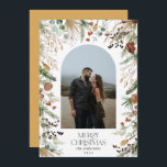 Jul 1-fotoarch vattenfärg botanisk blommigt julkort<br><div class="desc">Mery Jul,  modern elegant vattenfärgsfärgad torkad botanisk blommigt mutade färg helgdag Arch 1-fotojulkort. Senap gult backer.</div>