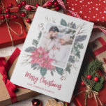Jul 1 fotovattenfärg poinsettia botaniskt julkort<br><div class="desc">Modern julkort med ett känsligt botaniskt vattenfärgat ram under vintern med en underbar röd poinsettia och festive grey. Lägg till ett av dina favoritfoton och ditt namn som du vill anpassa.</div>