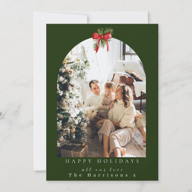 Jul 1 Photo Arch Foliage Red Bow Julkort (Framsida)