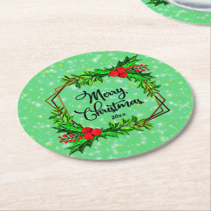 Jul 20xx Holly Red Berries Modern Grönt Underlägg Papper Rund