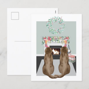 Jul 2 Choc Labrador Hundar Fireplace Scene Helg Vykort