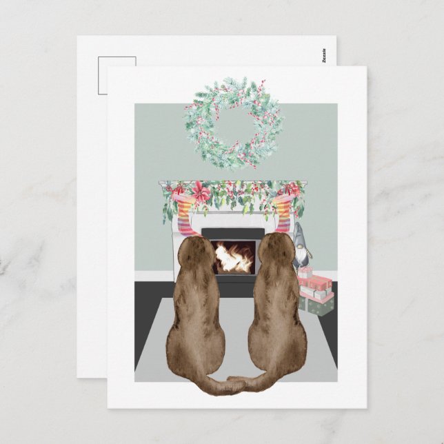 Jul 2 Choc Labrador Hundar Fireplace Scene Helg Vykort (Fram/baksida)