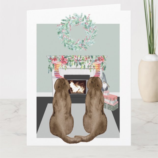 Jul 2 Choc Labrador Hundar Fireplace Scene Kort (Framsida)