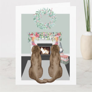 Jul 2 Choc Labrador Hundar Fireplace Scene Kort