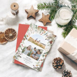 Jul 3-fotoarch vattenfärg botanisk blommigt julkort<br><div class="desc">Mery Jul,  modern elegant vattenfärgstorkad botanisk blommigt mutade färg helgdag Arch 3-fotojulkort. Rödbakerdesign.</div>