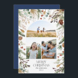 Jul 3-fotoarch vattenfärg botanisk blommigt julkort<br><div class="desc">Mery Jul,  modern elegant vattenfärgstorkad botanisk blommigt mutade färg helgdag Arch 3-fotojulkort. Blåblå bakare.</div>