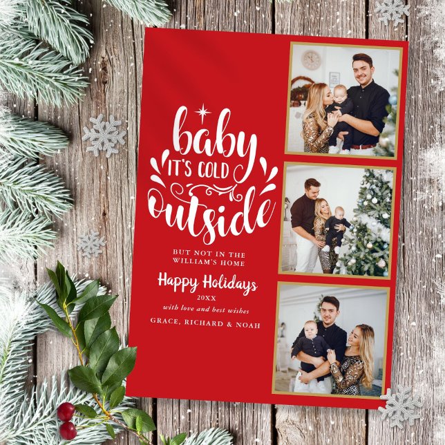 Jul 3 Fotocollage Baby It's Cold Outside Julkort (Christmas 3 Photo Collage Baby Its Cold Outside Holiday Card)