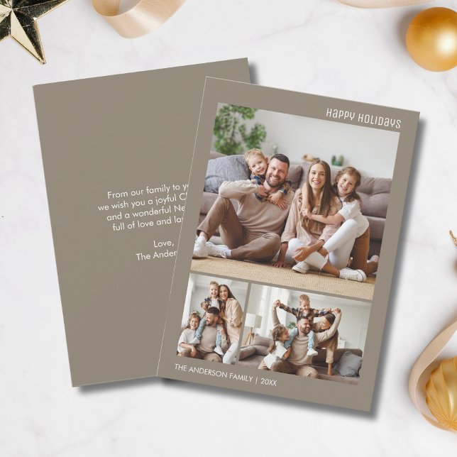 Jul 3 Photos Collage Minimalist Taupe Julkort (Christmas 3 Photos Collage Minimalist Taupe Holiday Card)