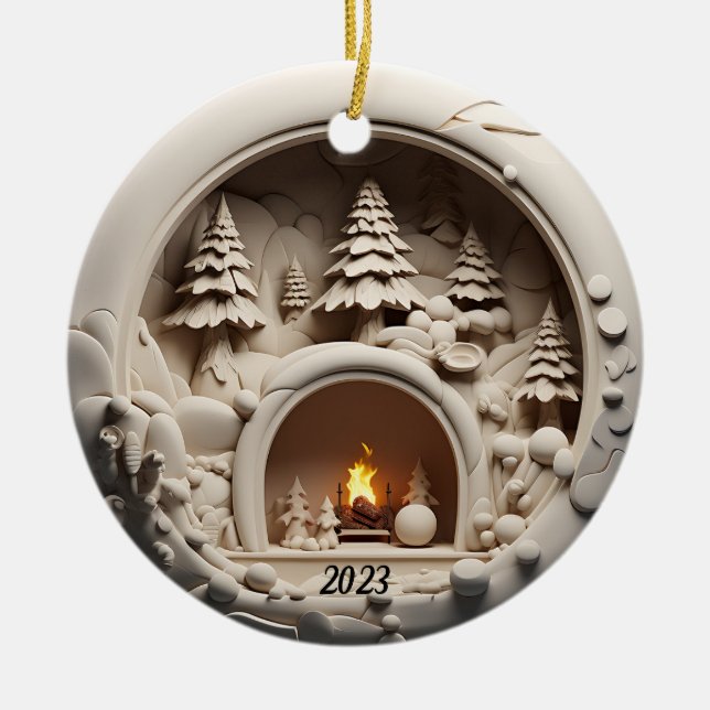 Jul 3D Fireplace Träd Julgransprydnad Keramik (Framsidan)