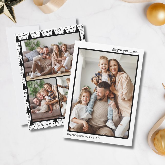 Jul 4 Family Photo Collage White Black Julkort (Christmas 4 Family Photo Collage White Black Holiday Card)