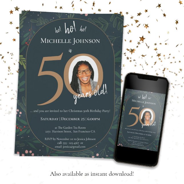 Jul 50:e Födelsedagsfesten Inbjudningar (50th Christmas Birthday Dark Green Gold Humorous Invitation)