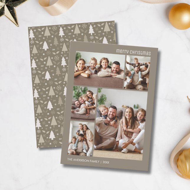Jul 5 Fotokollage Familj Taupe Julkort (Christmas 5 Photo Collage Family Taupe Holiday Card)