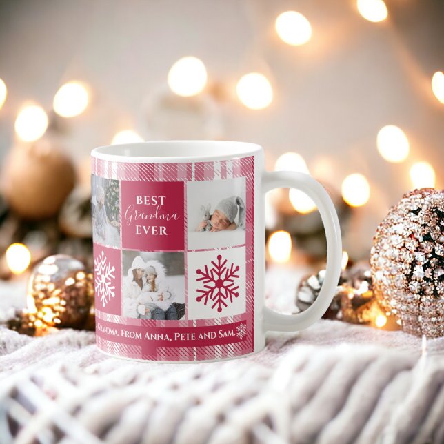 Jul 5-foton - bästa morma-magenta, pläderad kaffemugg (Christmas 5 photos grid best grandma magenta plaid coffee mug)