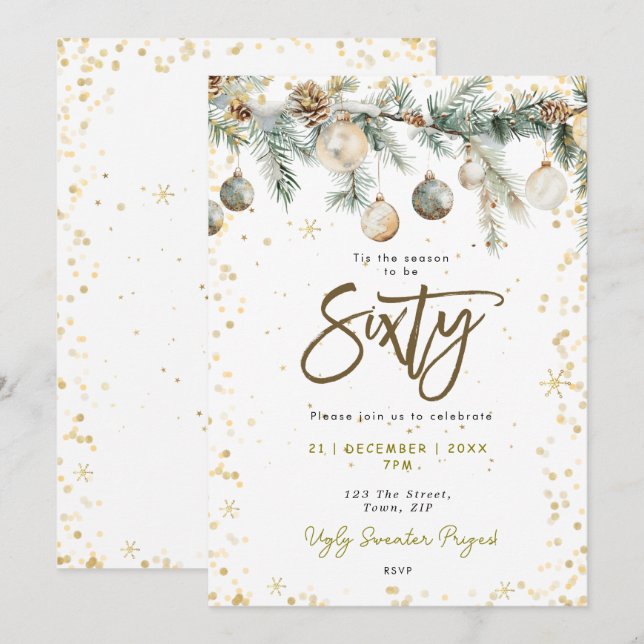 Jul 60 party-baubles gräs träd inbjudan (Fram/baksida)