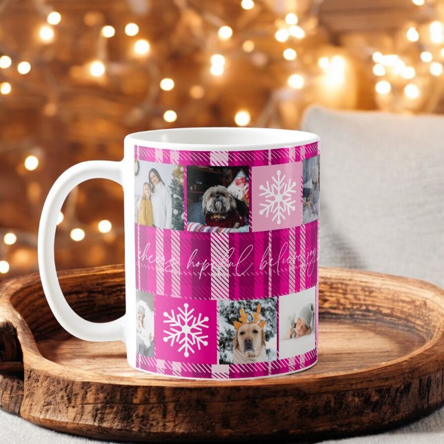Jul 8-foto, bästa morma-rosa, pläderat kaffemugg (Christmas 8 photos grid best grandma pink plaid coffee mug)