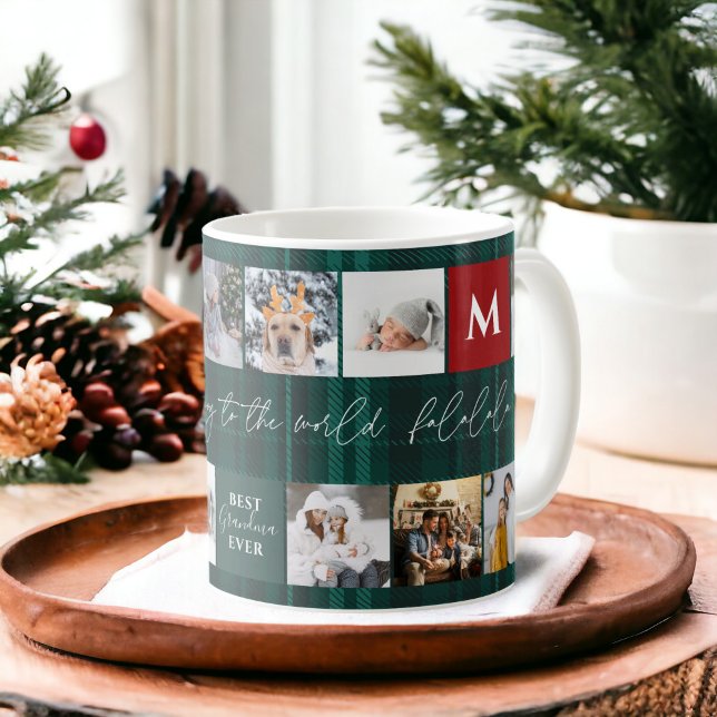Jul 8-fotona, bästa morma-grönt, pläderad kaffemugg (Christmas 8 photos grid best grandma green plaid coffee mug)
