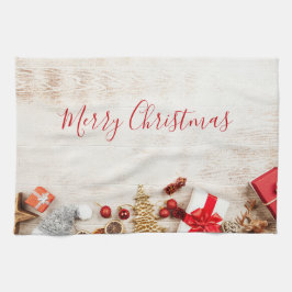 Jul Äckliga artiklar på en Rustik träbräde Kökshandduk