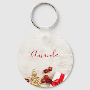 Jul Äckliga artiklar på en Rustik träbräde Nyckelring