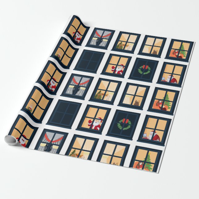Jul Advent Fönster Grid Inpackningspapper Presentpapper (Utrullad)