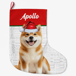 Jul Akita Hund med Namn Woof Bakgrund Stor Julstrumpa