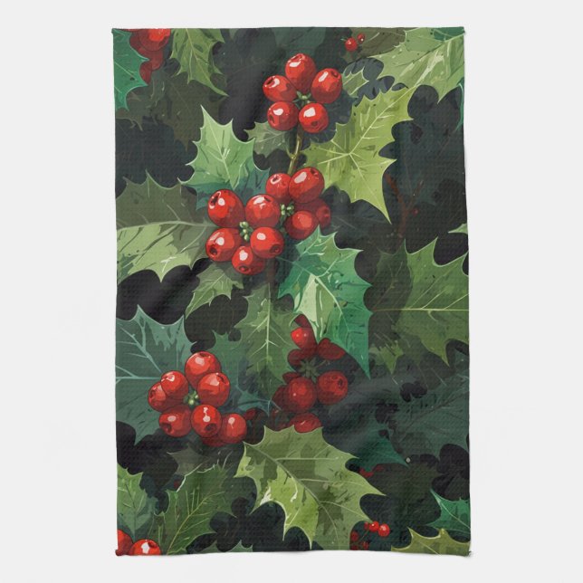 Jul akvarell Järnek berry blad botanisk  Kökshandduk (Vertikal)