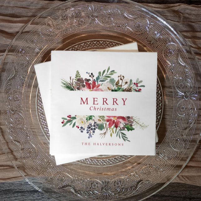 Jul Akvarell Rustik Botanisk Grönska Pappersservett (Festive watercolor Christmas party napkins - office holiday party decor)