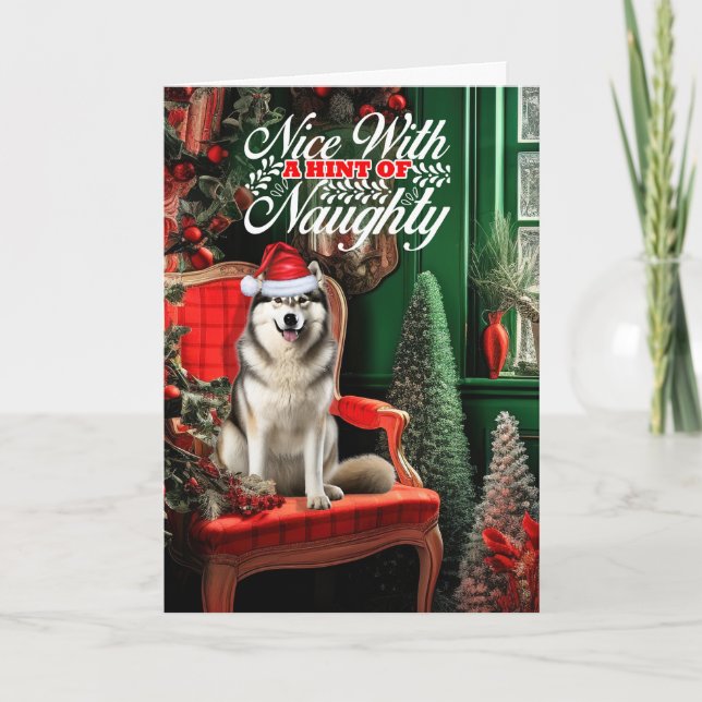 Jul Alaska Malamute Hund Naughty eller Nice Helgkort (Framsida)