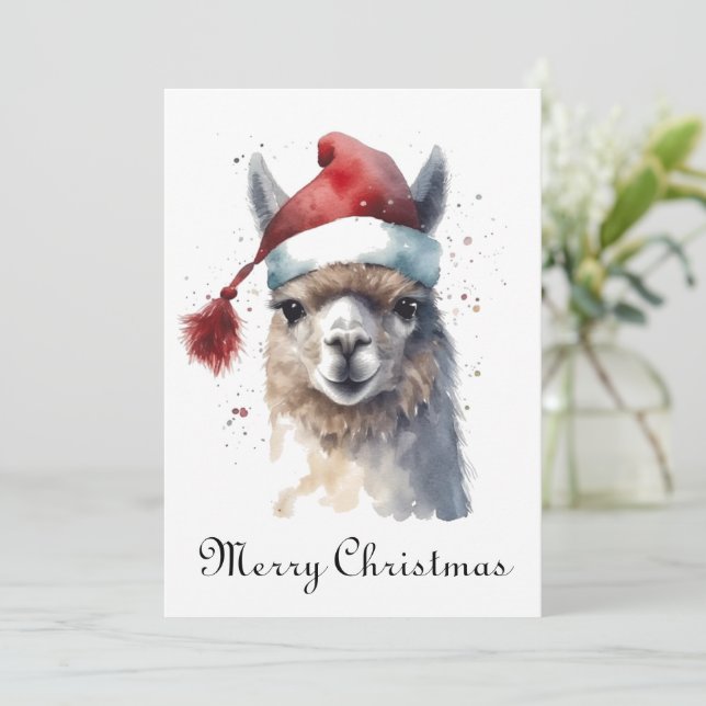 Jul Alpaca Vattenfärg Tomteluva Anpassad Text Julkort (Stående Fram)