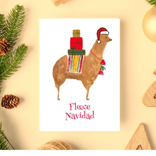Jul Alpacka Handritad Vikbar Högtidskort Helgkort (This hand-painted Christmas llama bearing holiday gifts reads "Fleece Navidad.")