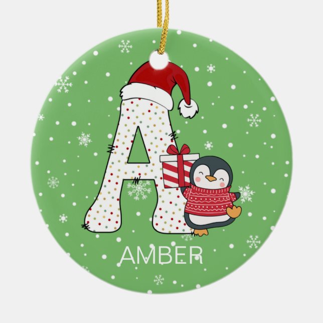 Jul Alphabet A Santa Hat Penguin Snowflake Julgransprydnad Keramik (Framsidan)