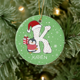 Jul Alphabet K Santa Hat Penguin Snowflake Julgransprydnad Keramik