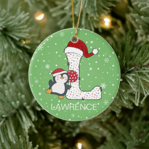 Jul Alphabet L Santa Hat Penguin Snowflake Julgransprydnad Keramik