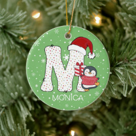 Jul Alphabet M Santa Hat Penguin Snowflake Julgransprydnad Keramik
