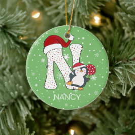 Jul Alphabet N Santa Hat Penguin Snowflake Julgransprydnad Keramik
