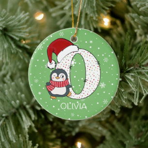 Jul Alphabet O Santa Hat Penguin Snowflake Julgransprydnad Keramik