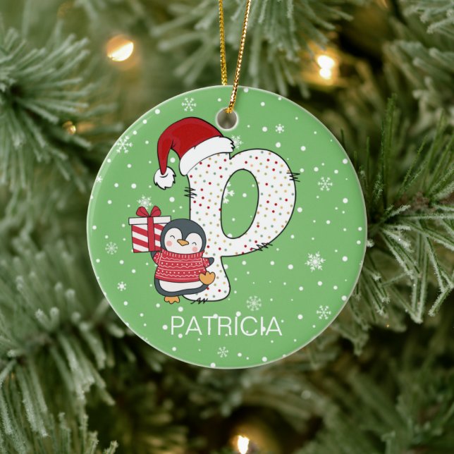 Jul Alphabet P Santa Hat Penguin Snowflake Julgransprydnad Keramik (Träd)