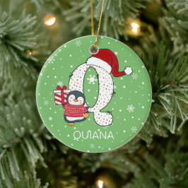 Jul Alphabet Q Santa Hat Penguin Snowflake Julgransprydnad Keramik