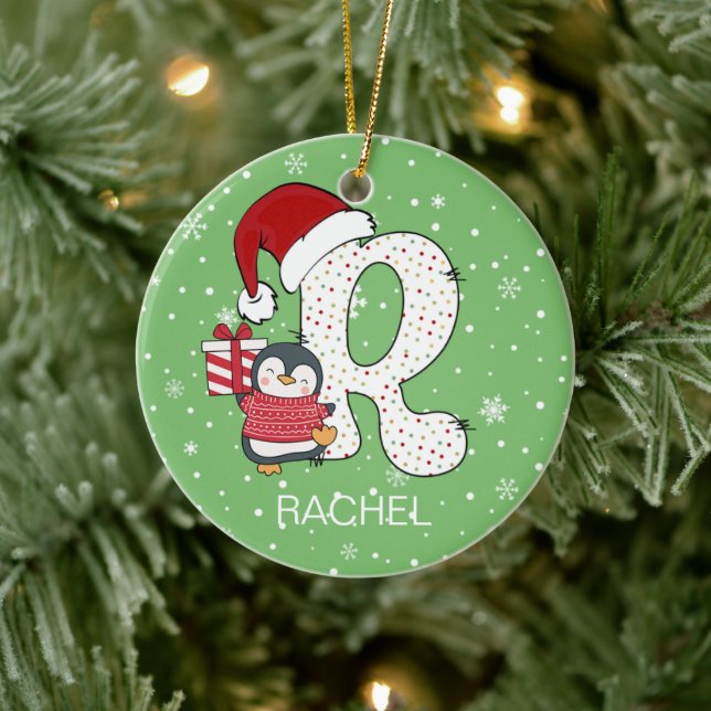 Jul Alphabet R Santa Hat Penguin Snowflake Julgransprydnad Keramik (Träd)