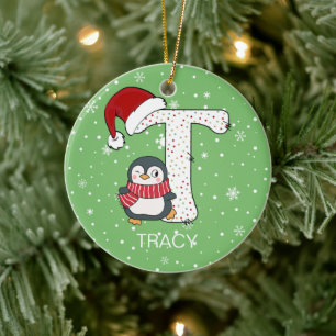 Jul Alphabet T Santa Hat Penguin Snowflake Julgransprydnad Keramik