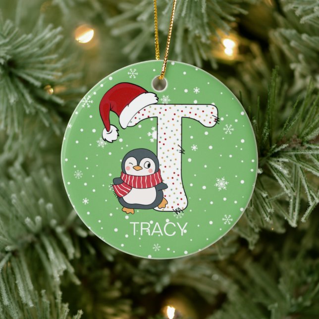 Jul Alphabet T Santa Hat Penguin Snowflake Julgransprydnad Keramik (Träd)