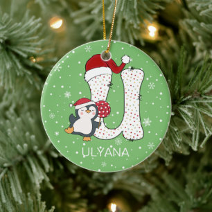 Jul Alphabet U Santa Hat Penguin Snowflake Julgransprydnad Keramik