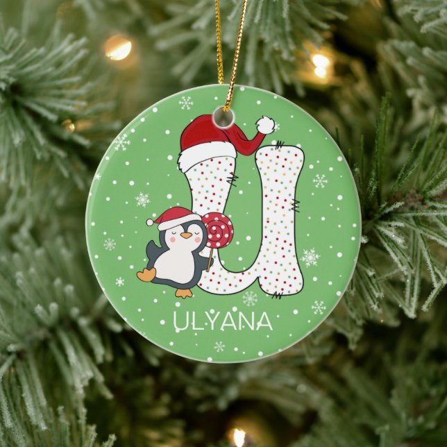 Jul Alphabet U Santa Hat Penguin Snowflake Julgransprydnad Keramik (Träd)