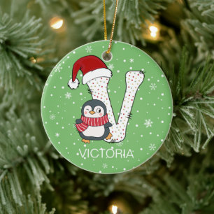 Jul Alphabet V Santa Hat Penguin Snowflake Julgransprydnad Keramik